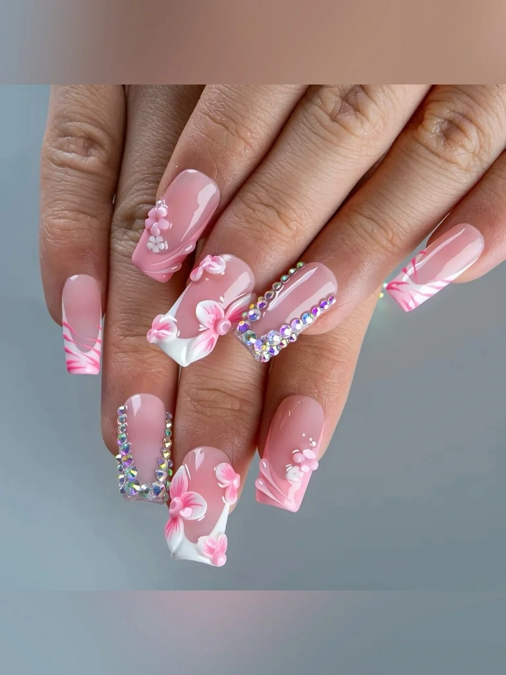 Pink Floral Press-On Nail Set with Rhinestones by Lovful
